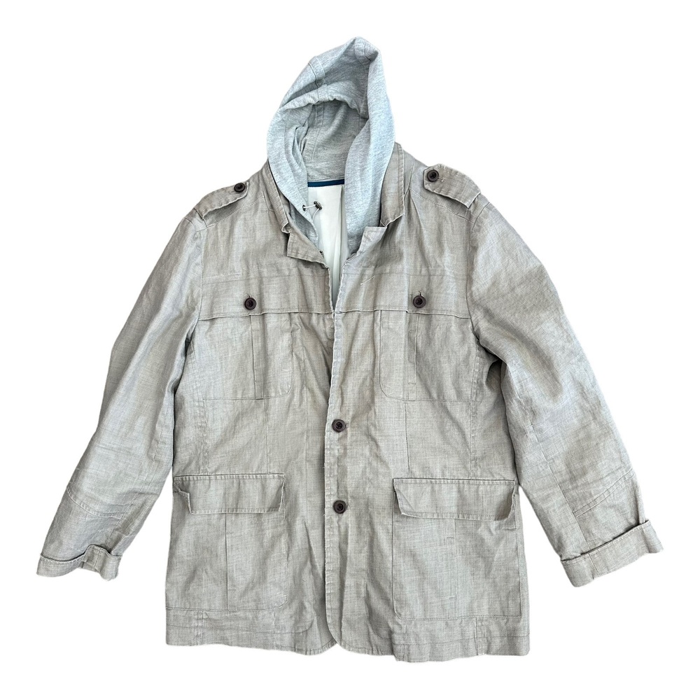 Edge by WD.NY Mens Hooded Jacket Flax Beige Gray Button Zip Pockets Solid L
